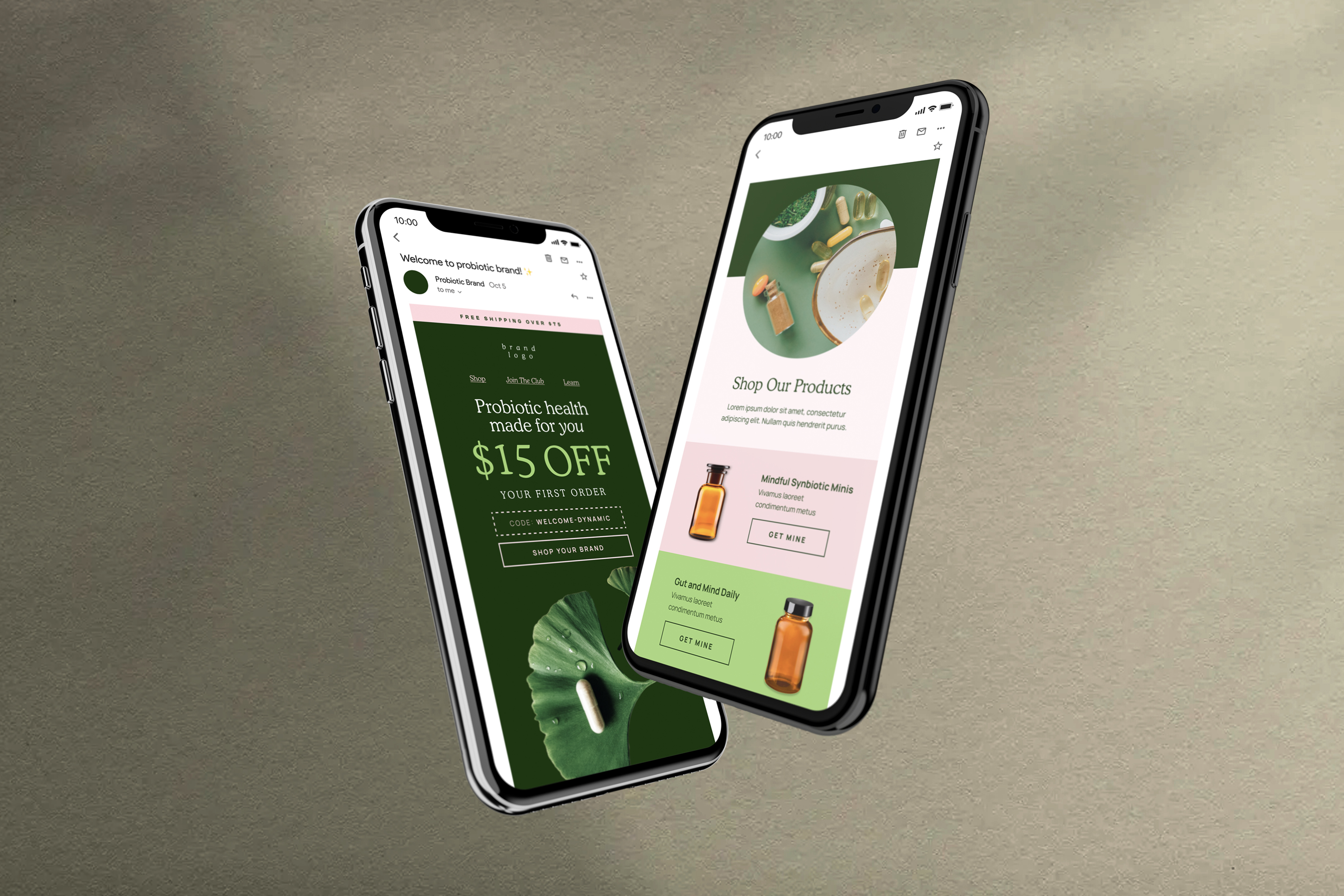 Two iphones displaying mock up of a probiotic brand email