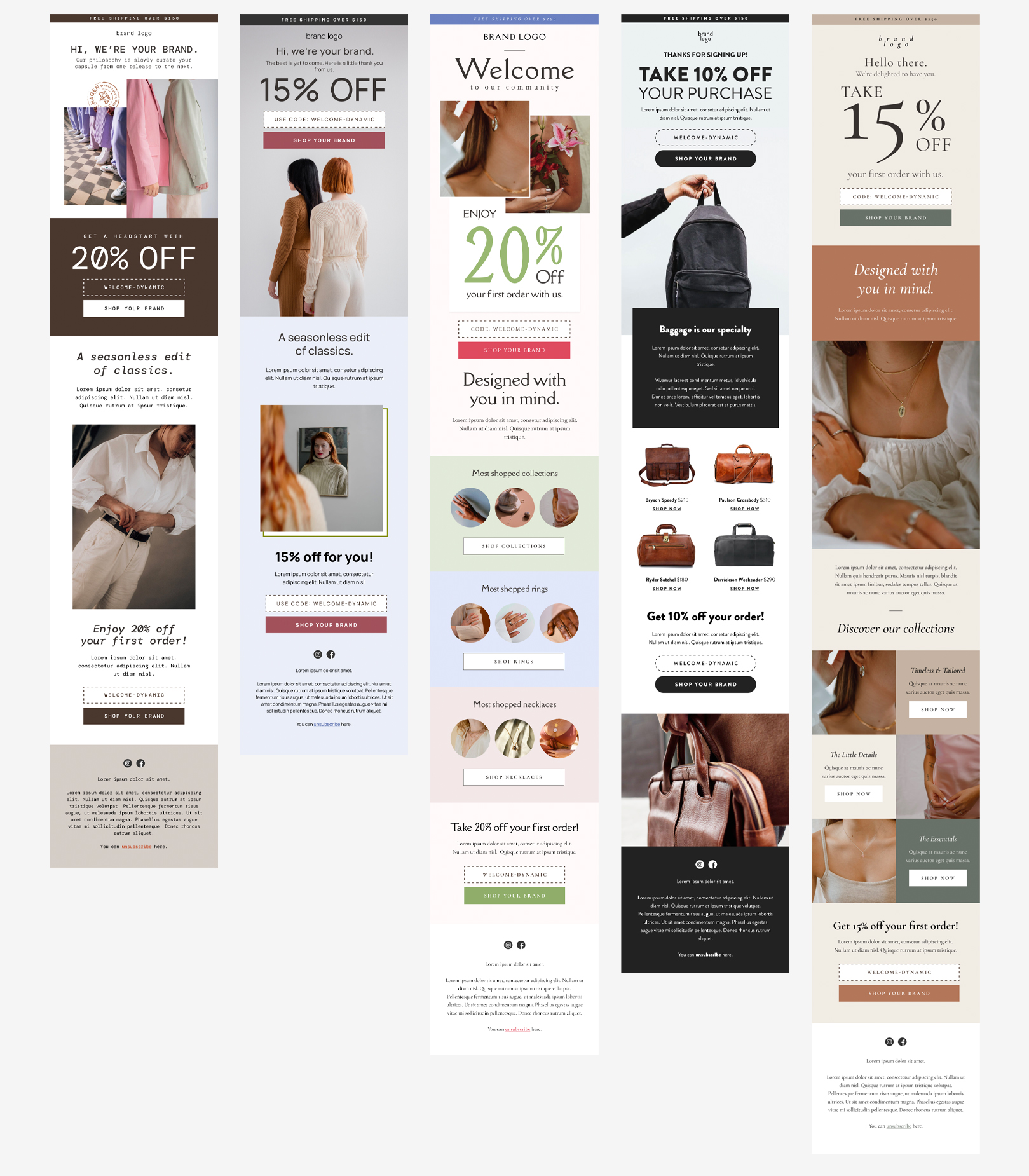 A mix of 5 different fashion and jewelry welcome email designs