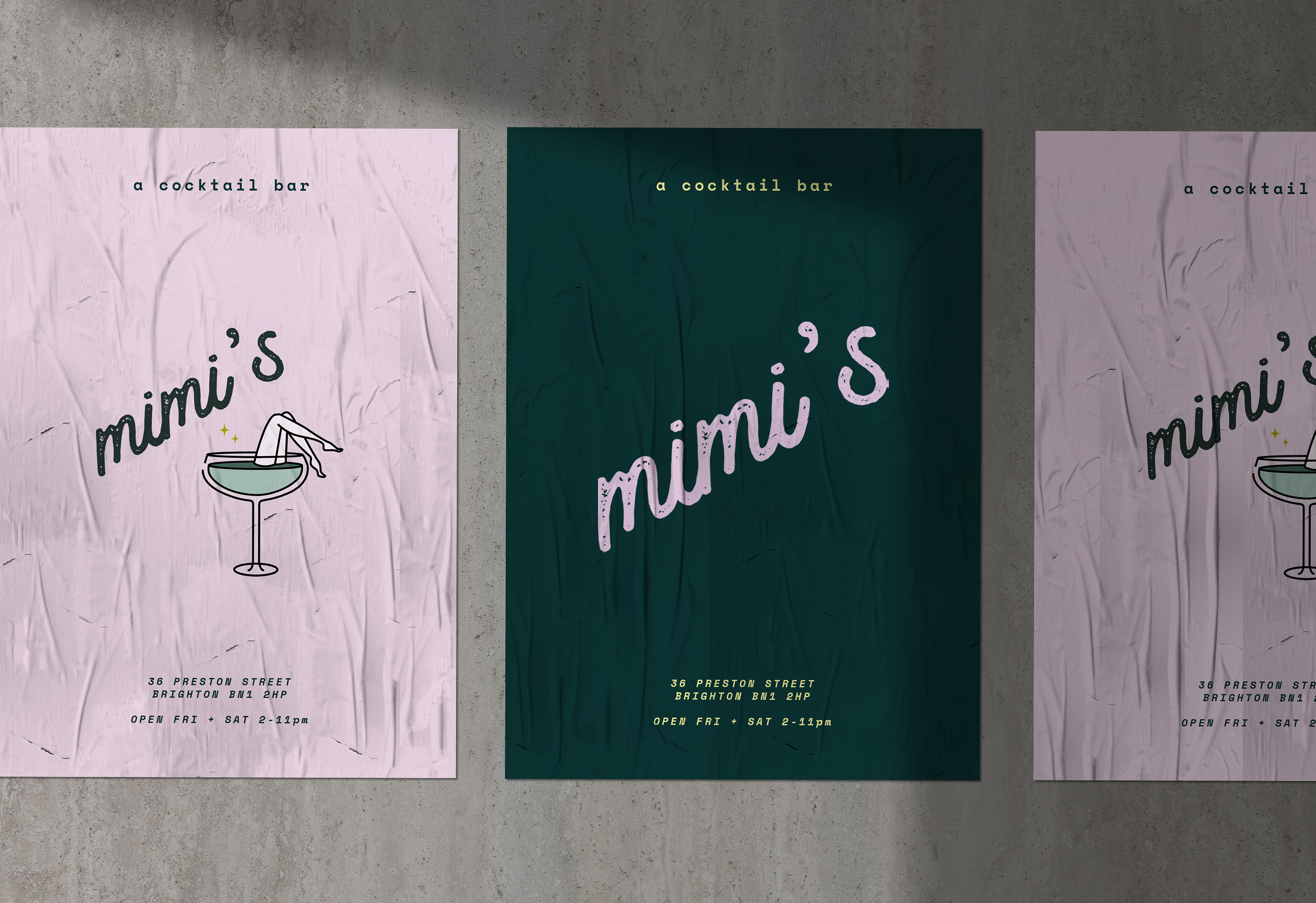 Three outdoor Mimis posters on a concrete wall