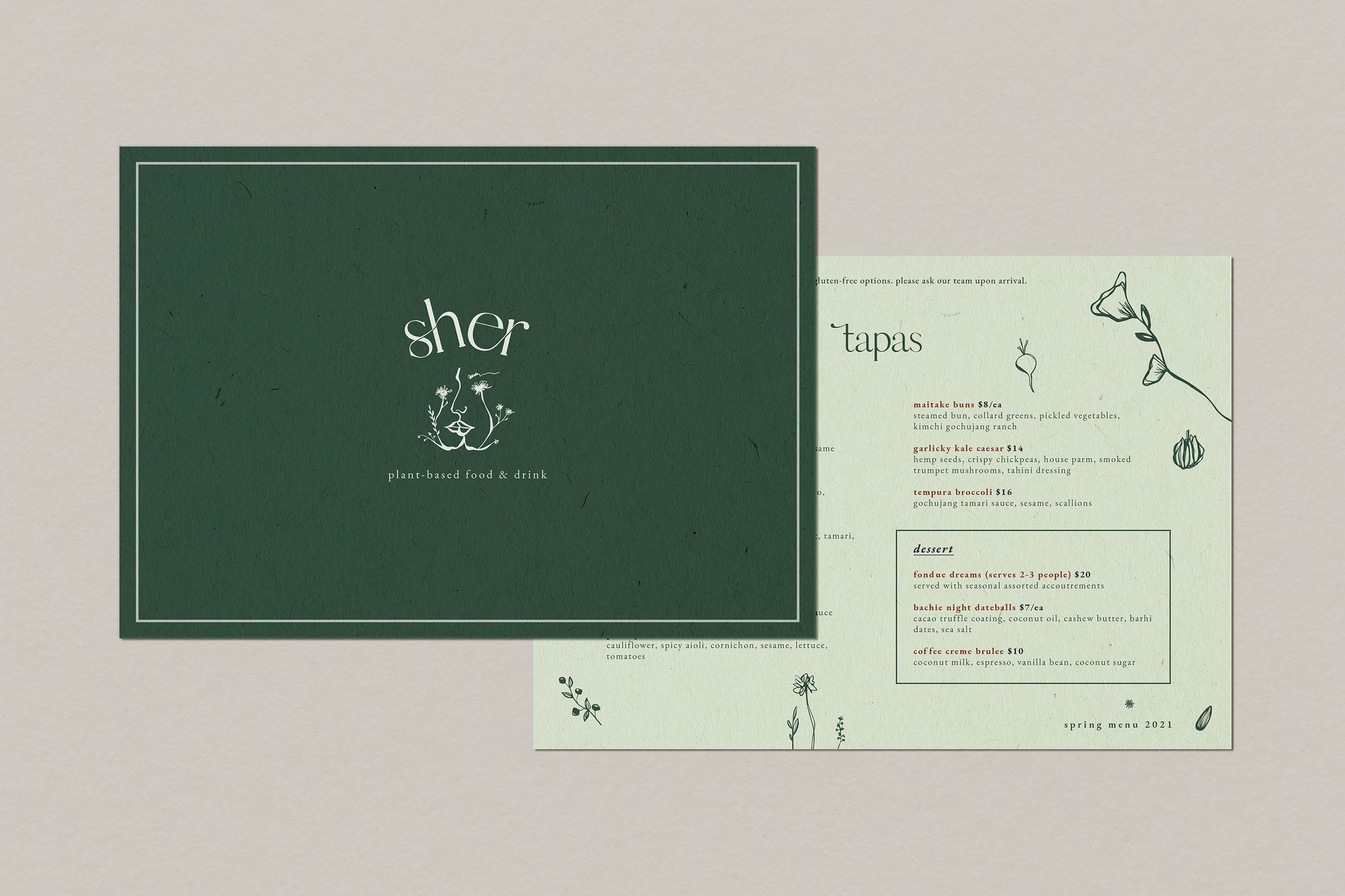 The front and back of the Sher food menu