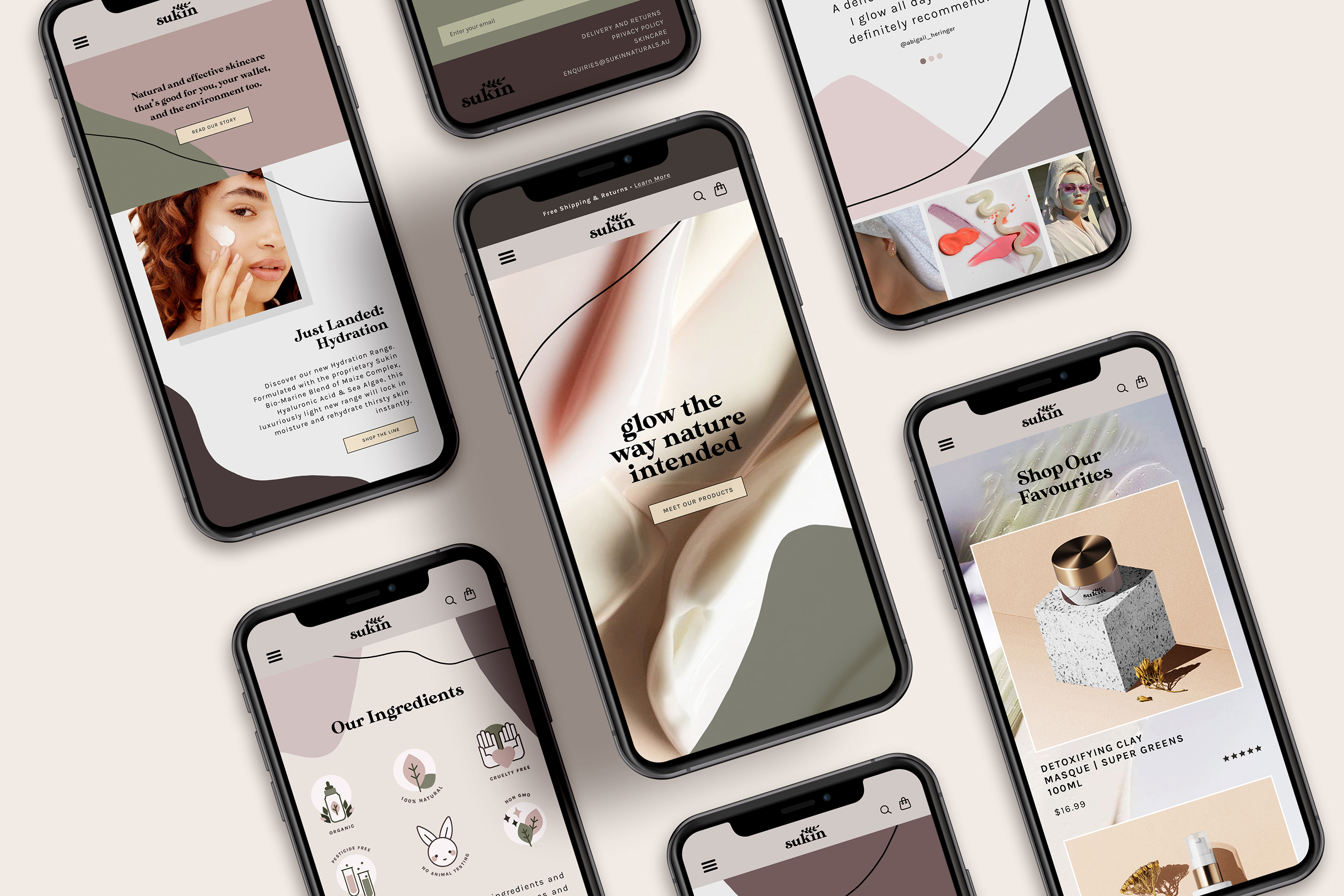 Seven different iPhones displaying the mobile design of the Sukin website